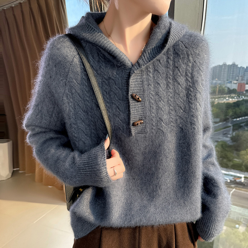 Wool Coat Peacoat - Sweter damski z kapturem, dziergany z
